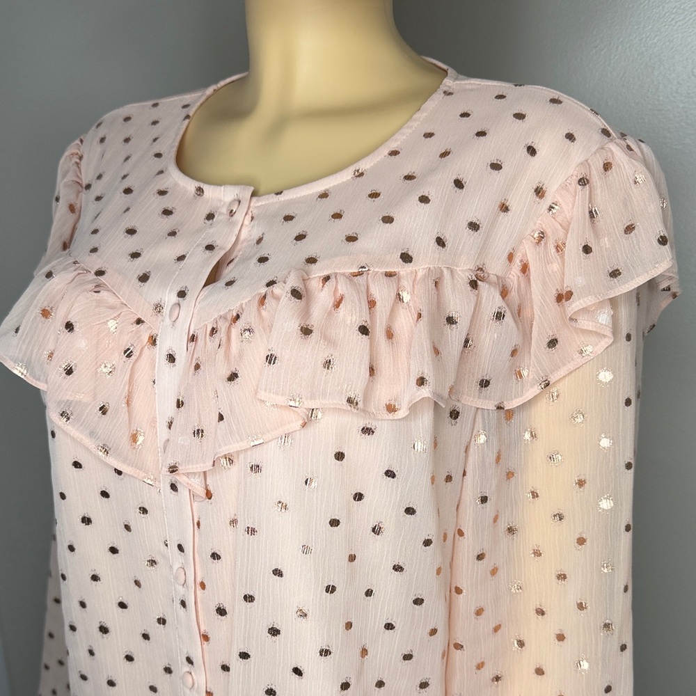 LC Lauren Conrad Blush Pink Metallic Polka Dot Ruffle Blouse Size Large - Picture 5 of 14